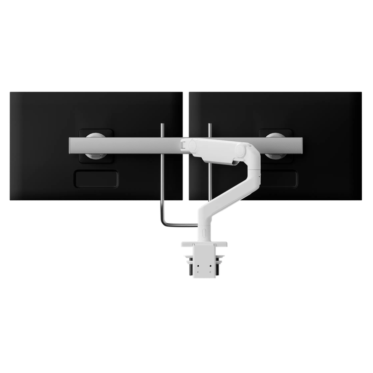 M8 Pro Monitor Arm with Crossbar and Handle, Two-PIece Clamp Mount Base, White with White Trim