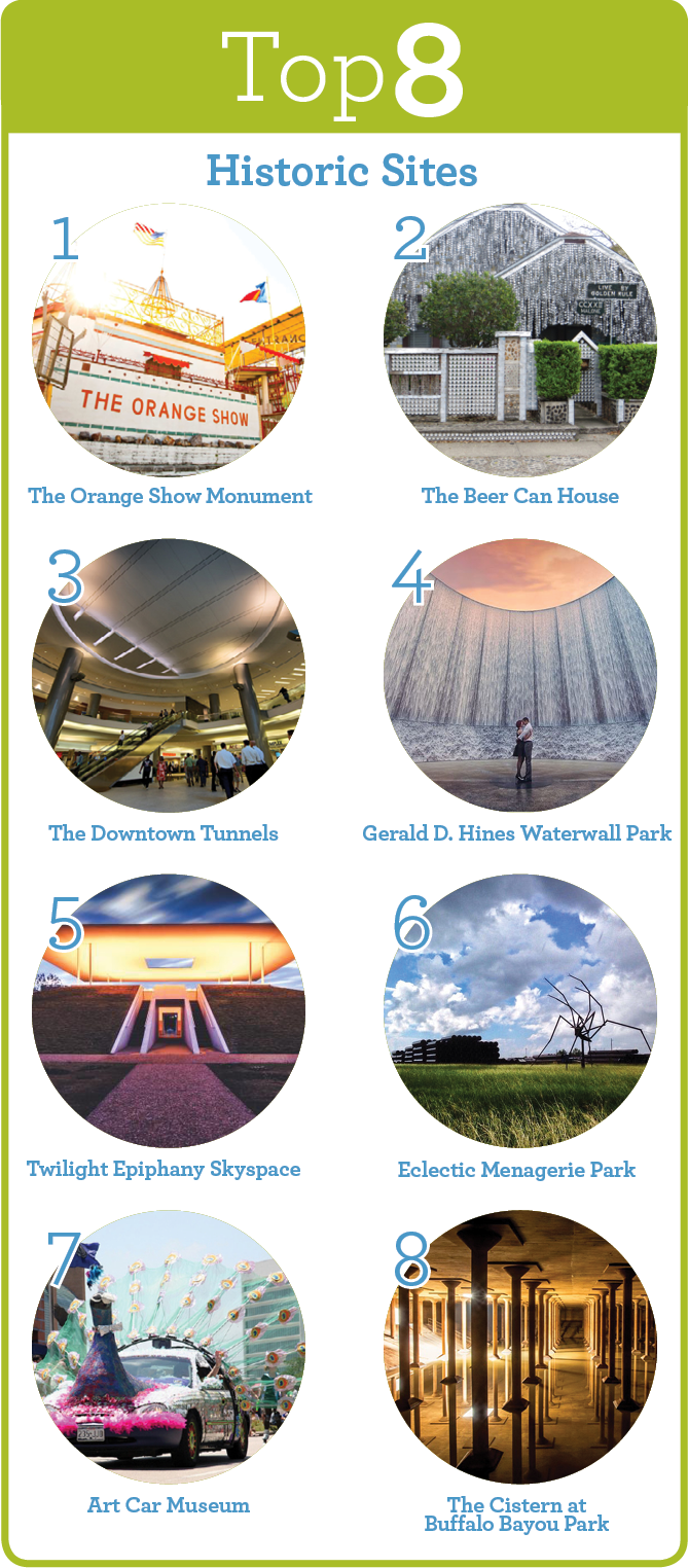 CITY DESIGN TOUR: HOUSTON Top 8 Historic Sites - The Orange Show Monument, The Beer Can House, The Downtown Tunnels, Gerald D. Hines Waterwall Park, Twilight Epiphany Skyspace, Eclectic Menagerie Park, Art Car Museum, The Cistern at Buffalo Bayou Park