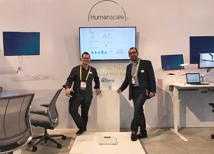 Jake Sigal and Massimo Baldini, from our software partners at Tome, unveiled the latest developments of OfficeIQ. This software and sensor solution is integrated into ergonomic furniture and provides real-time feedback on incremental calories burned — helping to close the gap in daily wellness tracking!